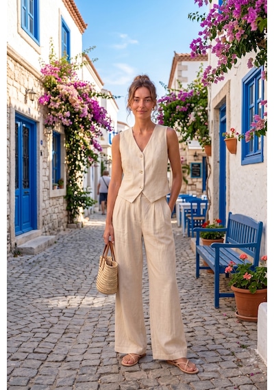 Goffra Kadın Terra %100 Keten Pantolon Yazlık Nefes Alabilen Latte W351-k0402-02