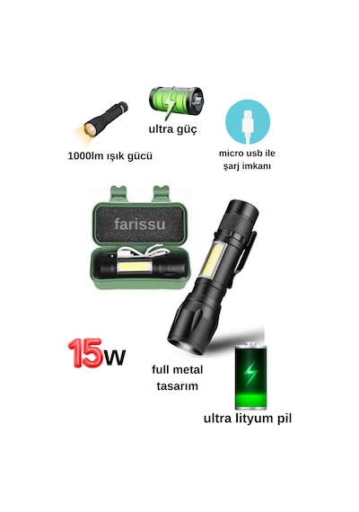 15w 1000lm Mini Zomlu Flaşörlü Ful Metal Suya Karşı Dayanıklı El Feneri Çok Renkli