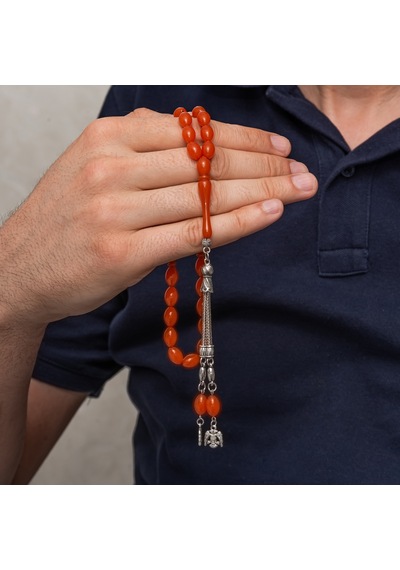 Metal Püsküllü Turuncu Sıkma Kehribar Tesbih