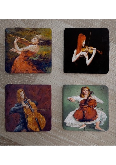 Keman Ve Violonsel Çalan Kızlar Doğal Taş Bardak Altlığı 4'lü Set Taş Çok Renkli