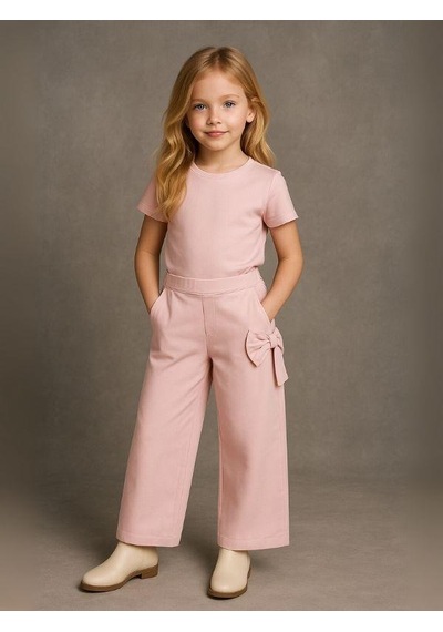 Zekids Kız Çocuk Fiyonk Detaylı Geniş Paça Pantolon-16153 Pudra