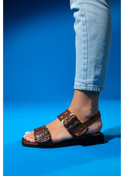 Luvishoes Blob Kahve Cilt Tokalı Kadın Sandalet Kahverengi
