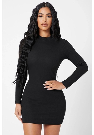 Najmaddin.com Beru Kadın Siyah Kaşkorse Balıkçı Yaka Uzun Kollu Bodycon Mini Elbise Premium Şık Stil