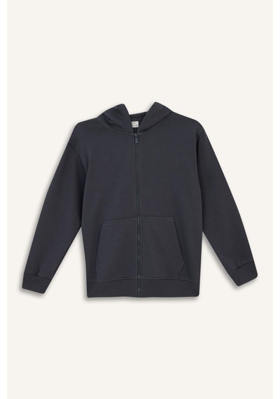 Defacto Erkek Çocuk Kapüşonlu Basic Düz Okul Fermuarlı Sweatshirt X7382a625wnar126 Antrasit