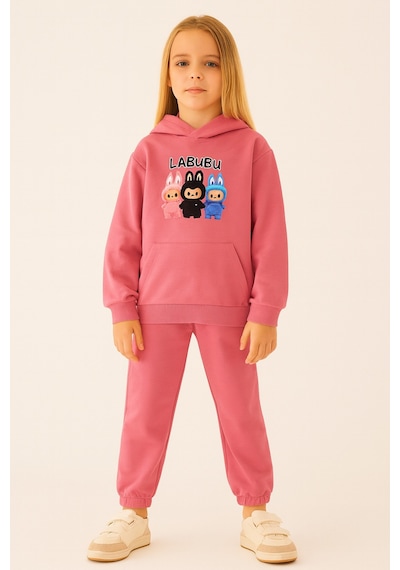 Esila Kids Kız Çocuk Eşofman Takımı Labubu Takım Kapüşonlu Baskılı Sweatshirt Ve Pantolon Gül Kurusu