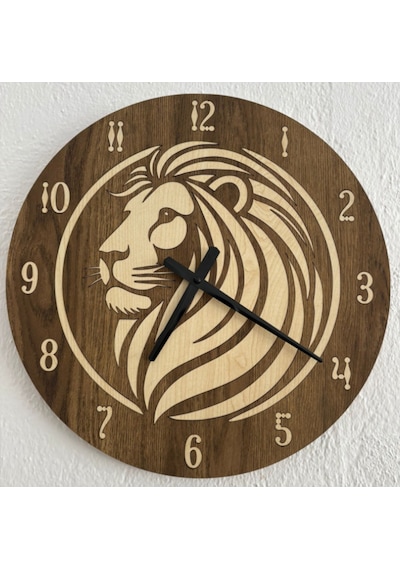 Safari Serisi - Aslan - Ahşap Duvar Saati - 40 Cm Ahşap