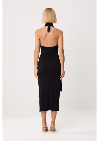 Benerly Kadın Halter Yaka Bodycon Midi Elbise %100 Polyester Kolsuz Astar Siyah