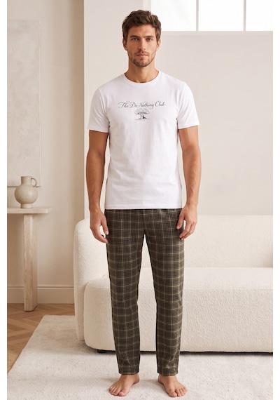 Siyah İnci Desenli Baskılı Örme Kısa Kollu Pijama Takım 8004 Ekru Ağaç