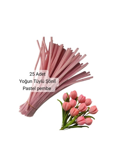 25 Adet Pastel Pembe Şönil, Çiçek Yapımına Uygun Tüylü Tel, 30 Cm 6 Mm