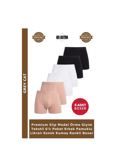 Grey Cat Premium Slip Model Örme Giyim Tekstil 6'lı Paket Erkek Pamuklu Likralı Esnek Kumaş Renkli Boxer 2siy 2bey 2ten