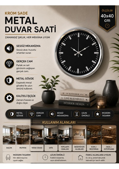 Elegance 40 Cm Metal Dekoratif Duvar Saati Krom