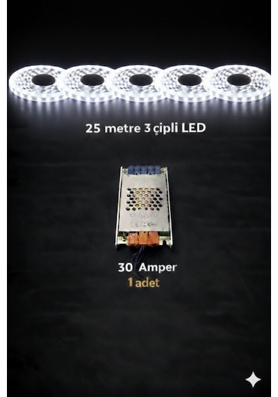 3 Çipli 25 Metre Led + 30 Amper Trafo Beyaz