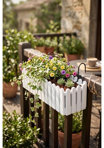 Balkon Saksısı Çit Saksı Beyaz Renk Metal Askı Aparatlı Dekoratif Balkon Saksı 9lt 53cm İb02