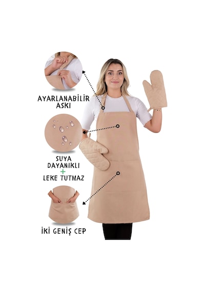 Simple 3lü Set Ayar Askılı Cepli Mutfak Önlüğü Seti 2 Eldiven Şef Garson Kafe Aşçı Barista Cappucino