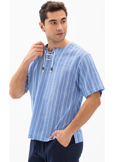 Büyük Beden Kısa Kol Şile Bezi Zımbalı Erkek Tshirt Mavi Beyaz Çi