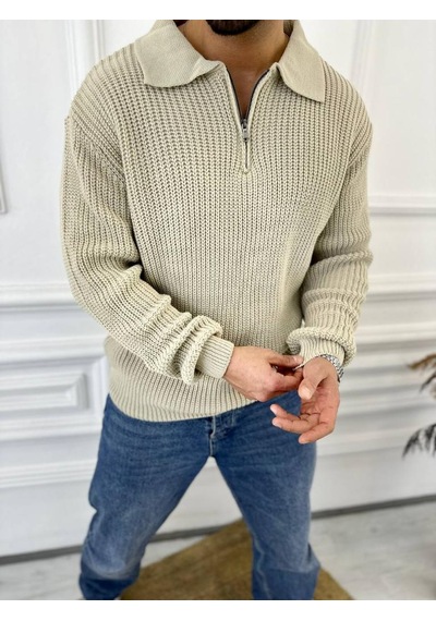 Elku Moda Kazak Oversize Tüylenmez Naturel Pamuk Fermuarlı Polo Yaka Örme Triko Kazak Krem