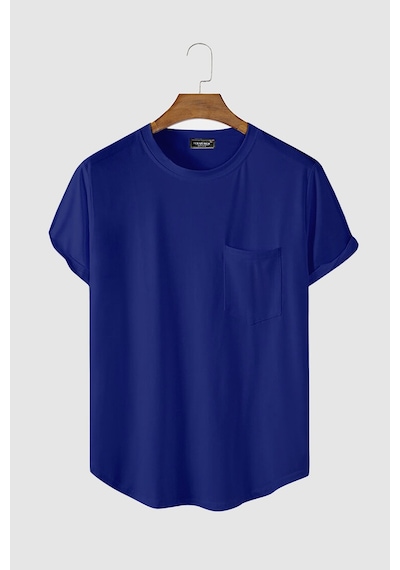 Erkek Mavi Bisiklet Yaka Oval Kesim Cepli Basic T-shirt Mavi