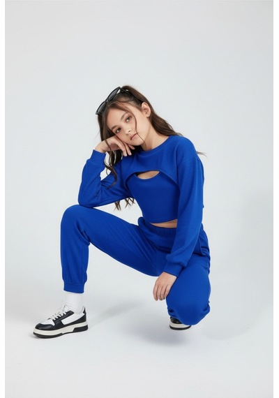 Aden Kids Kız Çocuk Krop Model Alt Üst Takım Toplam 3 Parça Saks