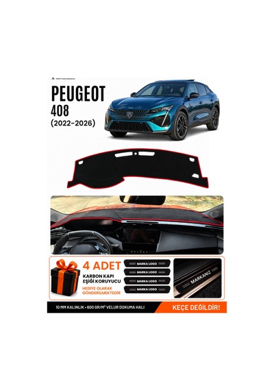 Peugeot 408 2022-2026 Uyumlu Torpido Örtüsü, Torpido Kılıfı - Siyah-kırmızı - Pe033