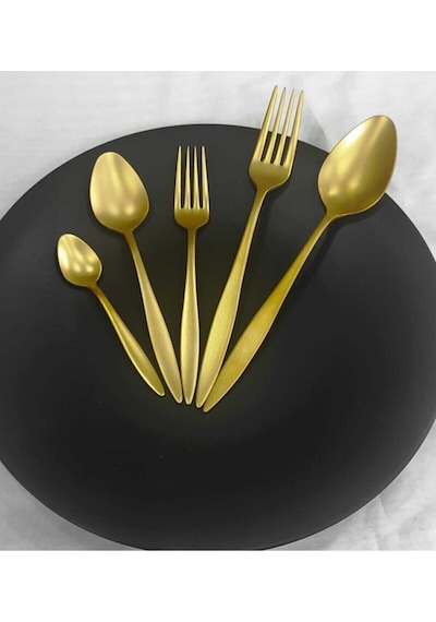 Carmen 48 Parça Bıçaksız - Çay  Kaşıklı Mat Titanyum Gold Çatal  Kaşık Seti Gold