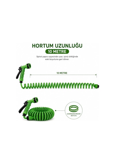 Orret Home 10 Metre Spiral Bahçe Sulama Hortumu Seti, 7 Fonksiyonlu Sprey Tabancalı Uzayabilir Kompakt Hortum,pratik B