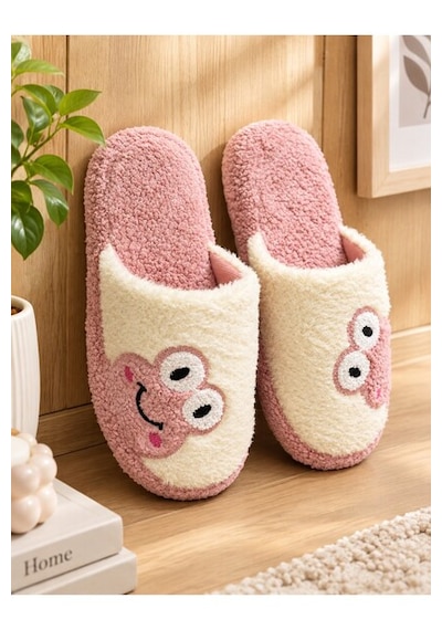 Modafocus Sevimli Kurbağa Desenli Peluş Kadın Ev Terliği Hediyelik Terlik Çeyiz Terliği Pembe