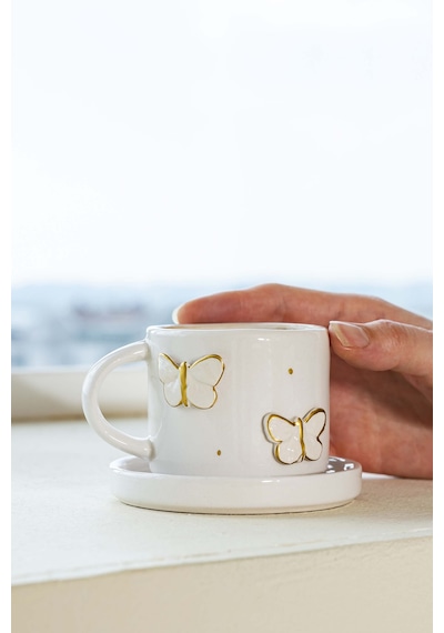 Rivaistanbul Gold Kelebek Amore El Yapımı Seramik Double Kahve Fincanı Mug Kupa Krem