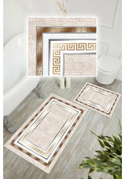 Dijital Baskı Çerçeve Desenli Kaymaz Taban 2li Set Banyo Paspası Klozet Takımı 50x60cm-60x100cm krem