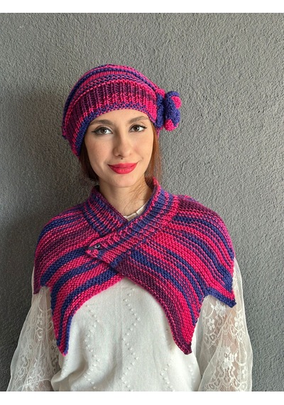 Gönülden Tasarım El Örgüsü Kadın Çiçekli Bere Boyunluk Takım Set Pembe