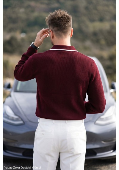 Kamalı Erkek Oversize Selanik Örgü Polo Yaka Triko Kazak Bordo