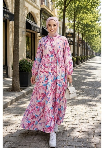 Hb Harma Time Butik Kadın Düğmeli Modal Kumaş Desenli Pembe Elbise Hb Harma Time Butik Kadın Düğmeli Modal Kumaş Desenli Pembe Elbise