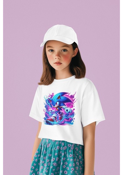 Sevbano Tasarım Süper Sonic Baskılı Unisex Çizgi Film Çocuk Tişört 1-12 Beyaz