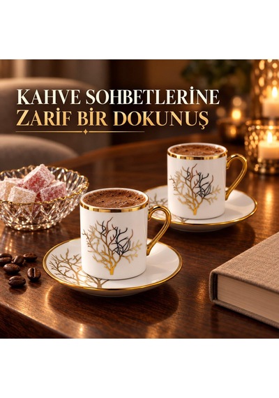 Valkyrie 12 Parça 6 Kişilik 80 Ml Türk Kahvesi Fincan Takımı Gold Detaylı Ağaç Desenli K654-a