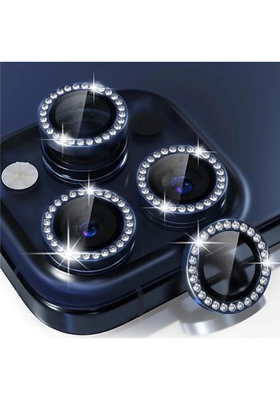 Nettech Apple iPhone 15 Pro Uyumlu Diamond Taşlı Model Kamera Cam Koruyucu - Mavi