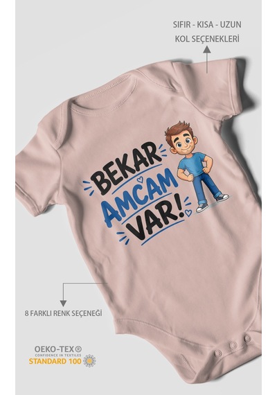 Morivokids Bekar Amcam Var Kısa Kollu Bebek Body %100 Pamuk Pastel Pembe