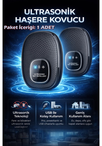 Plentiful Ultrasonik Haşere Kovucu Usb 5v Fare, Böcek, Sinek Ve Karınca Uzaklaştırıcı Kimyasalsız Siyah