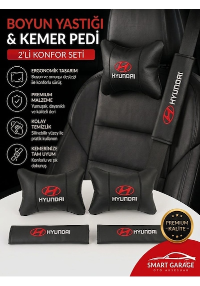 Hyundai Deri Yastık Ve Kemer Pedi Oto Boyun Yastığı Güvenli Sürüş Deri Konfor Siyah