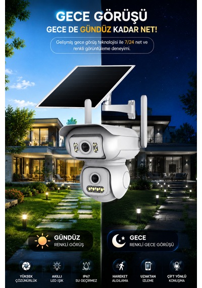 2 Kameralı 6mp Solar Panelli Aov Sürekli Kayıt Teknolojili Hareket Algılamalı Güvenlik Kamerası