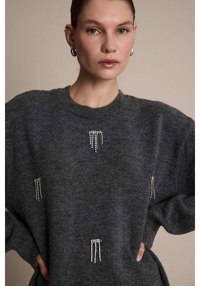 Defacto Regular Fit Bisiklet Yaka Taşlı Triko Kazak Tunik F6298ax25wnar193 Antrasit-ar193
