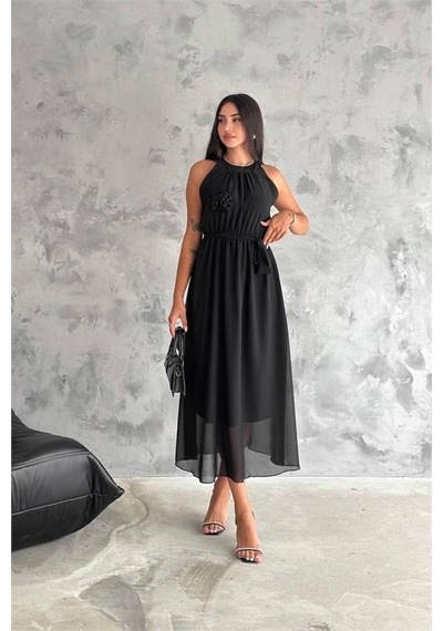 Neşeli Butik Kadın Gül Broş Detaylı Uzun Şifon Elbise Nbk2144 Siyah