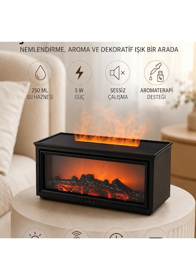Alev Efektli Aroma Yayıcı Hava Nemlendirici Uzaktan Kumandalı Gece Lambası