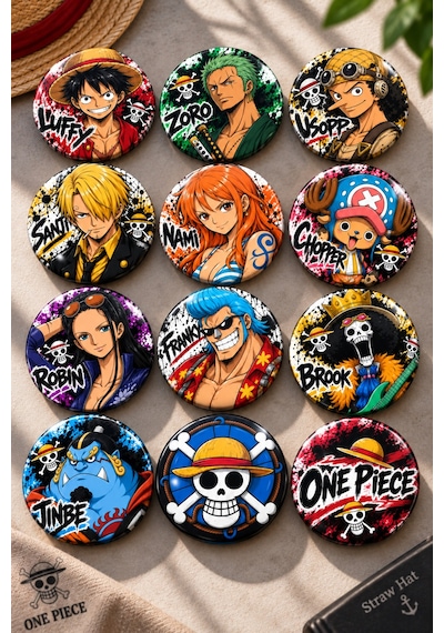 One Piece 58mm 12'li Rozet Seti Luffy Zoro Sanji Nami Usopp Chopper Robin Franky Brook Jinbe Anime Rozeti Çok Renkli