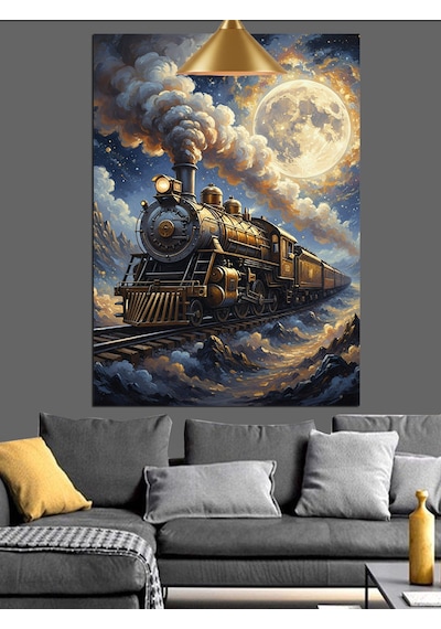 Gece,dolunay Ve Retro Kara Tren Dekoratif Kanvas - Mdf Ahşap Tablo