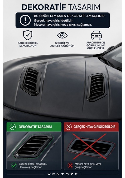 2'li Dekoratif Kaput Hava Kanalı Görünümlü Aksesuar Piano Black Sportif Tasarım Oto Aksesuar