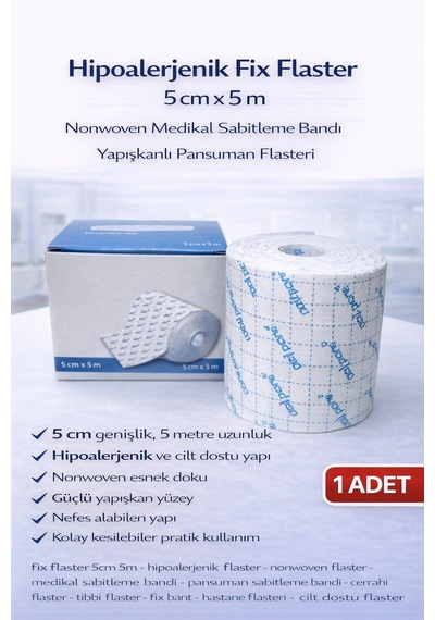 Hipoalerjenik Fix Flaster 5 Cm X 5 M Nonwoven Medikal Sabitleme Bandı Yapışkanlı Pansuman Flasteri