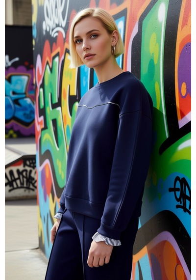 Benerly Kadın Bisiklet Yaka Düşük Kol Uzun Kollu Sweatshirt Fonksiyonel D Lacivert