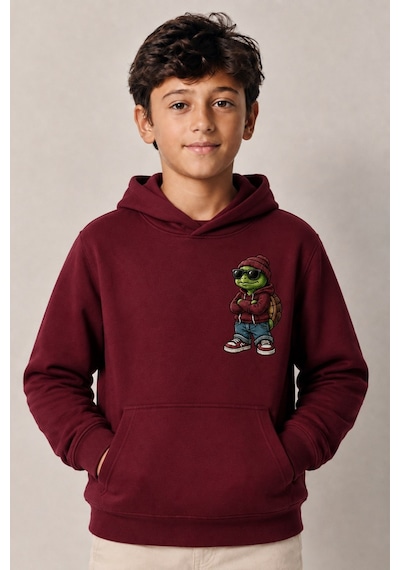 Esila Kids Erkek Çocuk Kapüşonlu Baskılı Sweatshirt Kanguru Cepli Günlük Hoodie Bordo