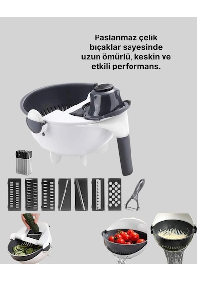 Döner Mekanizmalı Sebze Doğrayıcı Hazneli Rende Açık Gri