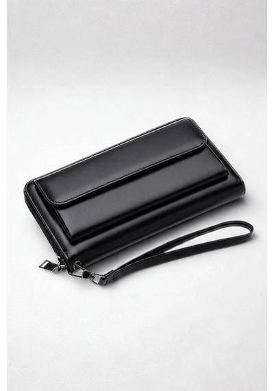 Vanilla Collection Kişiye Özel İsim Baskılı El Portföyü Cüzdan Telefon Bölmeli Fermuarlı Unisex Siyah