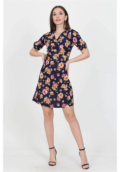 Neşeli Butik Kadın Kruvaze Yaka Çiçek Desenli Örme Krep Mini Elbise Nb100221 Lacivert